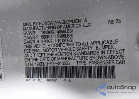 2023 Honda Civic Ex-L/Ex-L W/O Bsi from USA, damaged, VIN 19XFL1H79PE013033